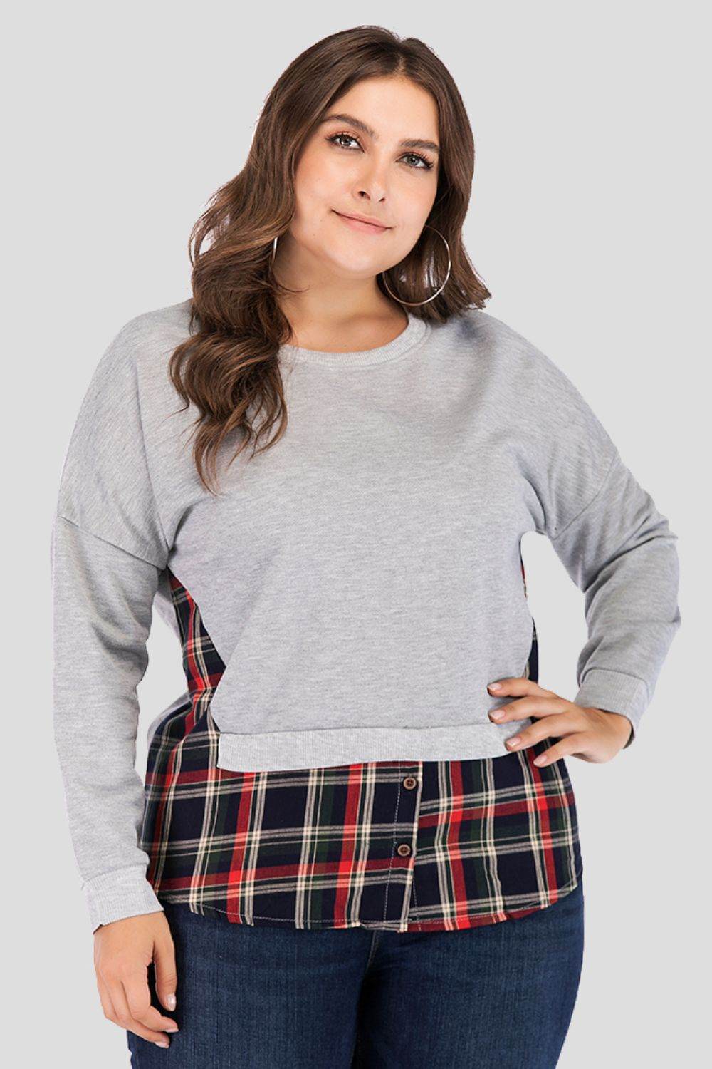 Full Size Plaid Patch Drop Shoulder Round Neck Top - ELY VESSA LLC