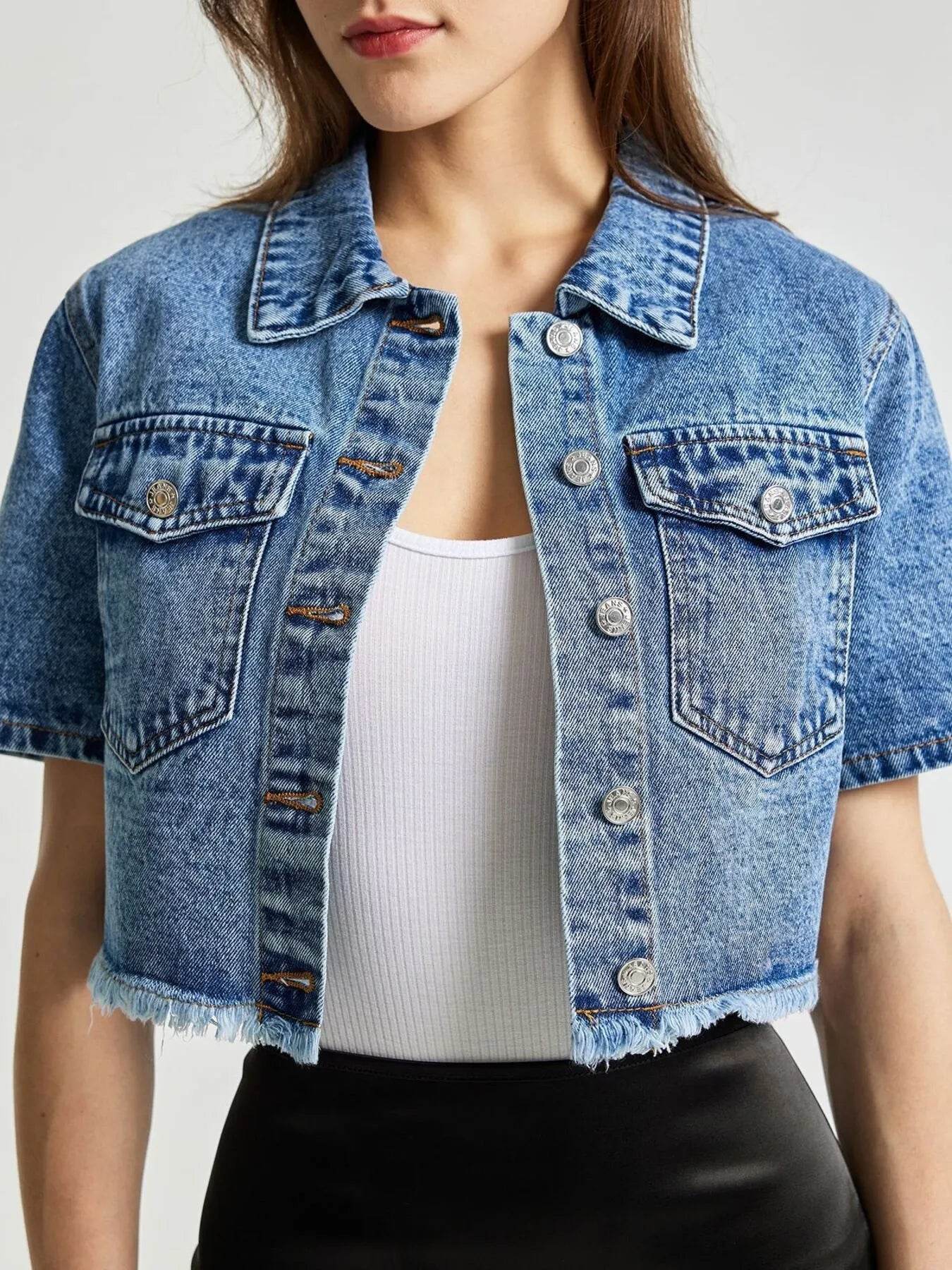 Cropped Short Sleeve Denim Jacket with Frayed Hem - ELY VESSA LLC