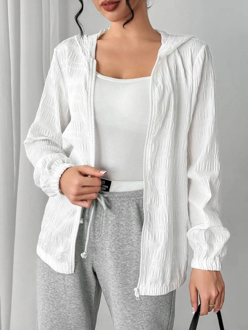 Texture Zip Up Hooded Jacket - ELY VESSA LLC