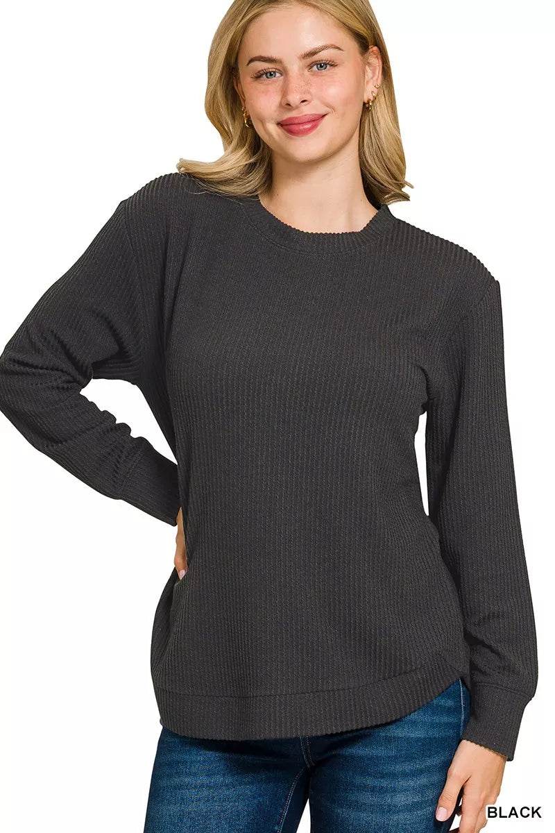 Zenana Full Size Raised Rib Round Neck Long Sleeve Top Plus Size - ELY VESSA LLC