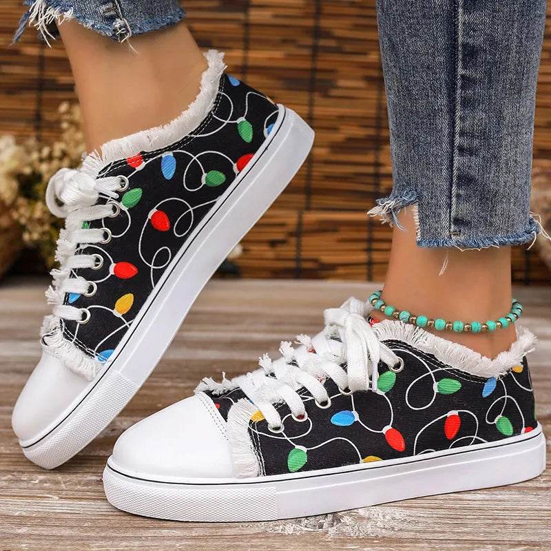 Raw Hem Printed Round Toe Sneakers - ELY VESSA LLC