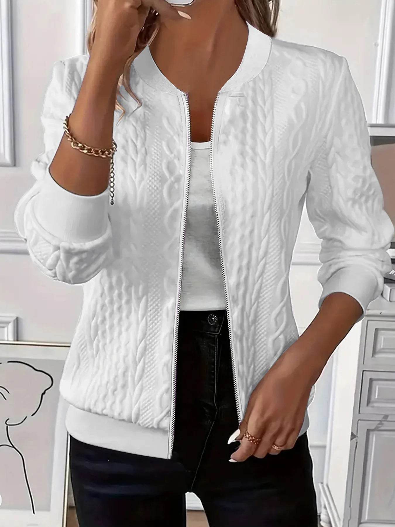 Texture Zip Up Long Sleeve Jacket - ELY VESSA LLC