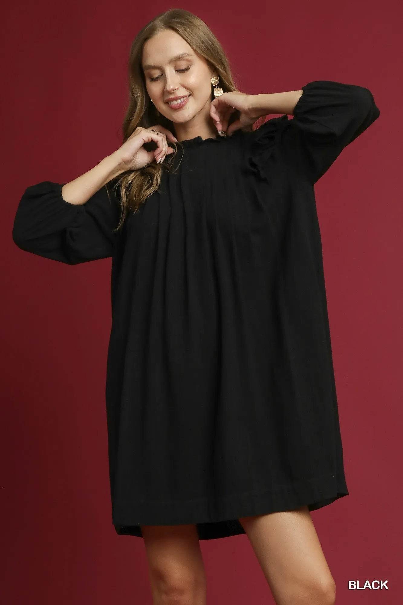 Umgee Linen Ruffle Shoulder Pleated Babydoll Dress - ELY VESSA LLC