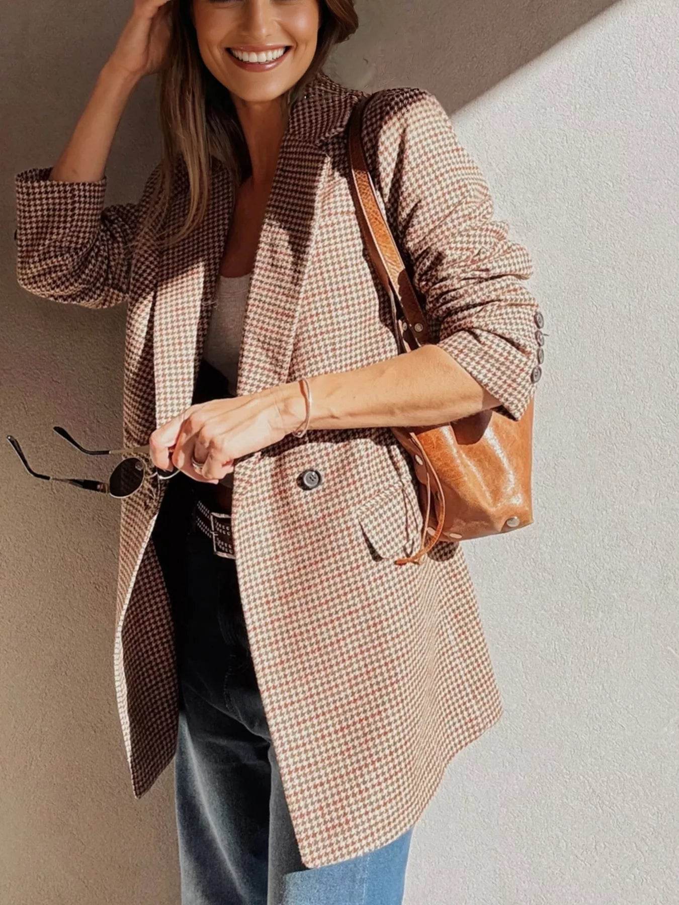Houndstooth Lapel Collar Blazer - ELY VESSA LLC