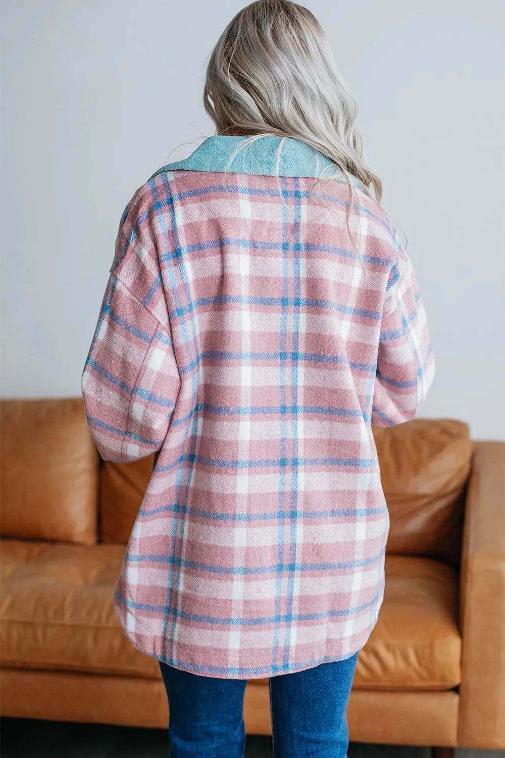 Plaid Collared Neck Flap Pockets Shacket - ELY VESSA LLC