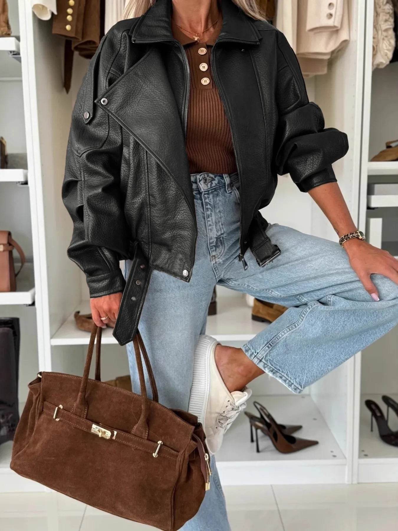 Leather Zip Up Jacket - ELY VESSA LLC