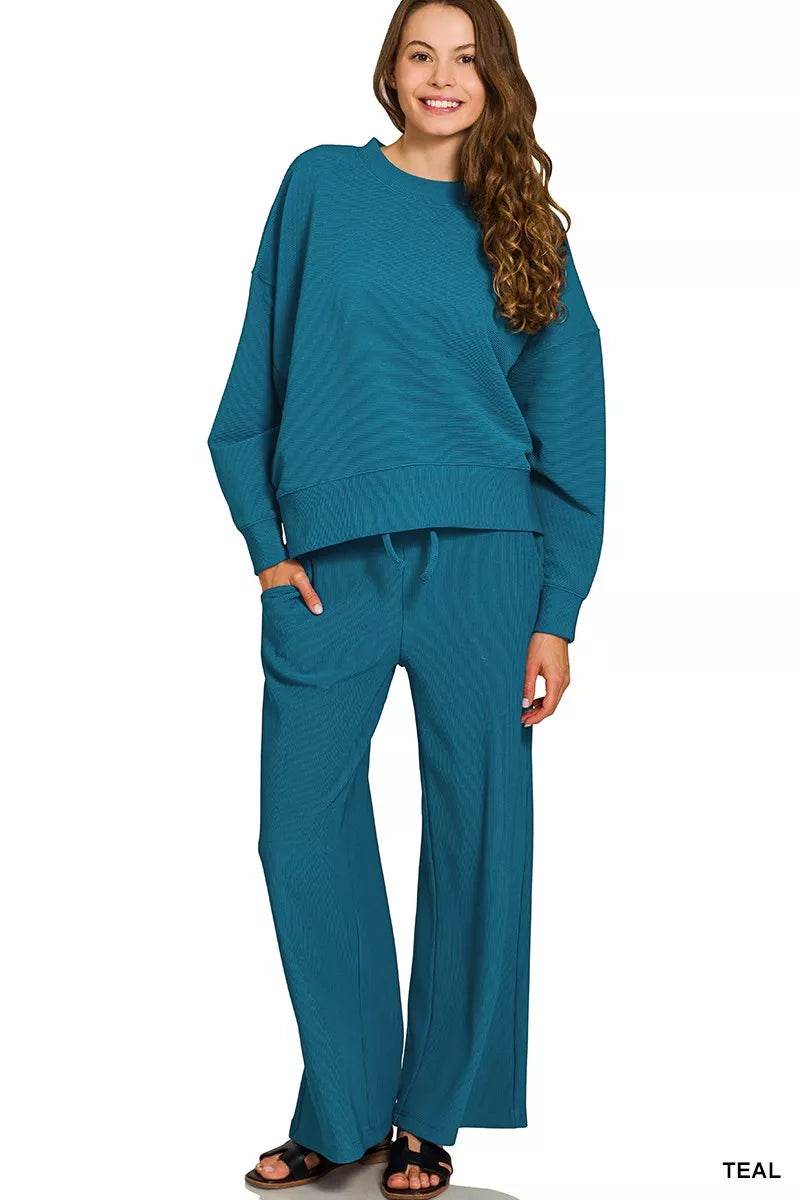 Zenana Ribbed Round Neck Pullover and Drawstring Pants Set - ELY VESSA LLC