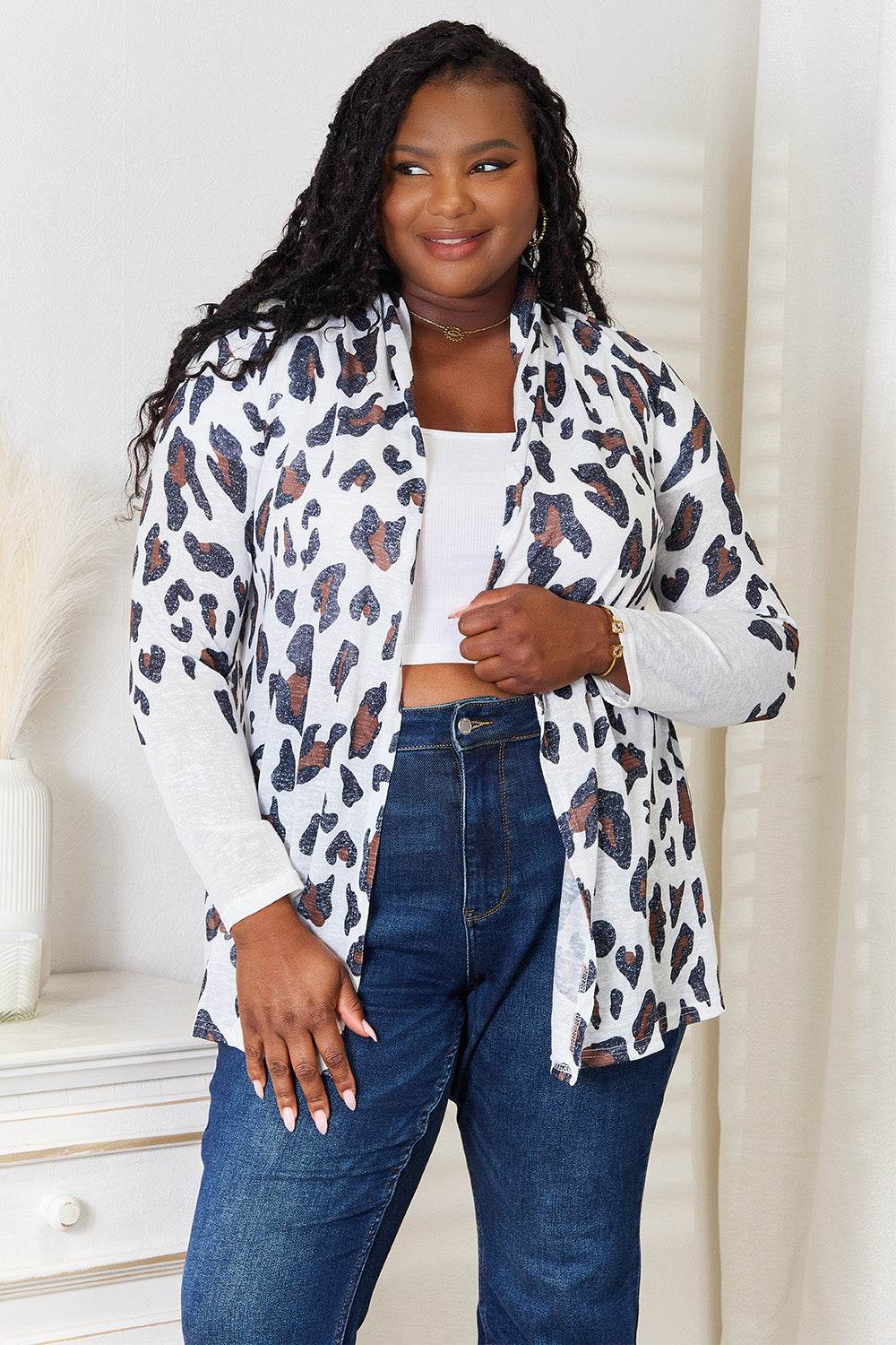 Double Take Leopard Long Sleeve Cardigan - ELY VESSA LLC