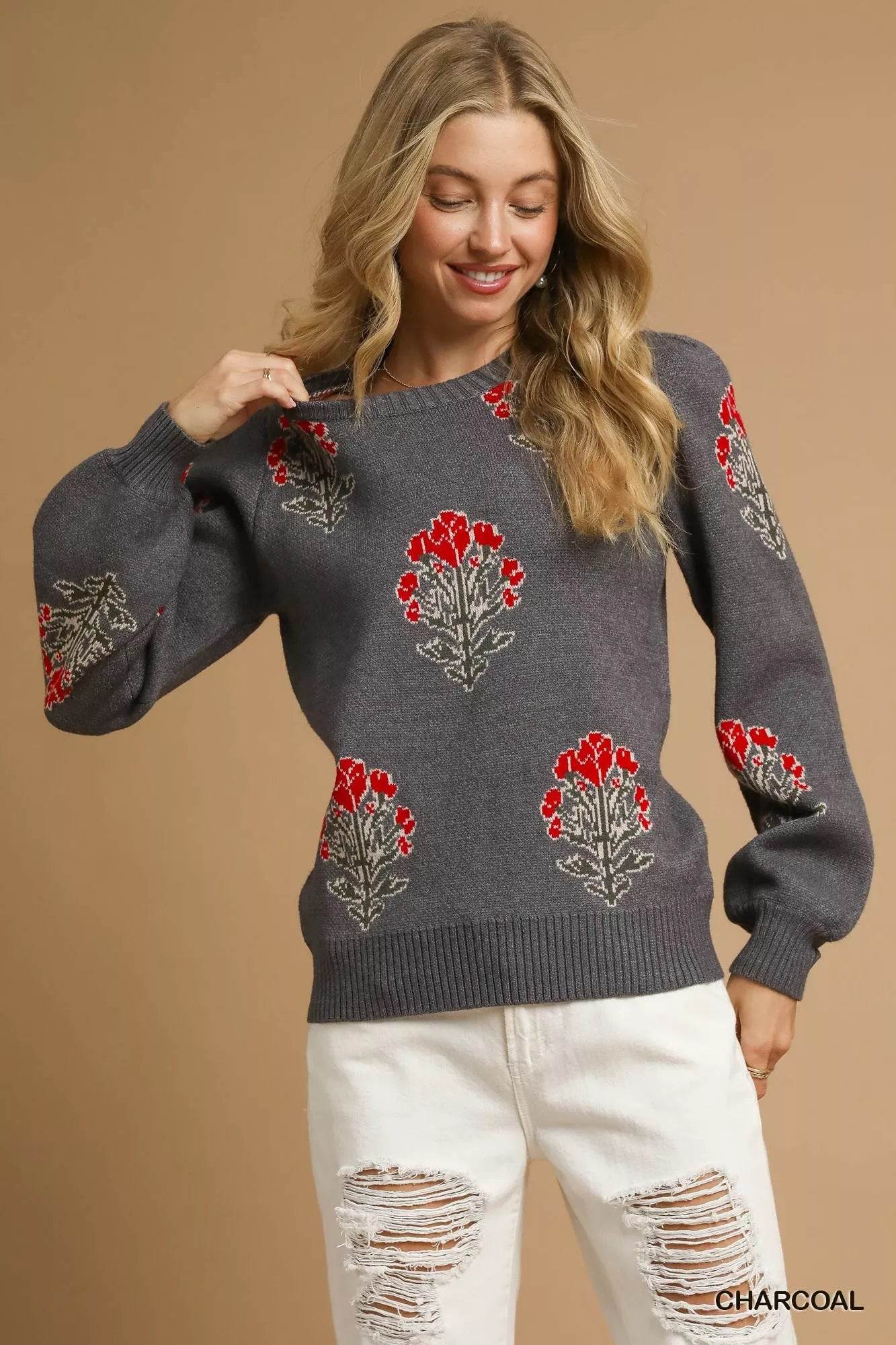 Umgee Single Flower Stem Jacquard Sweater - ELY VESSA LLC
