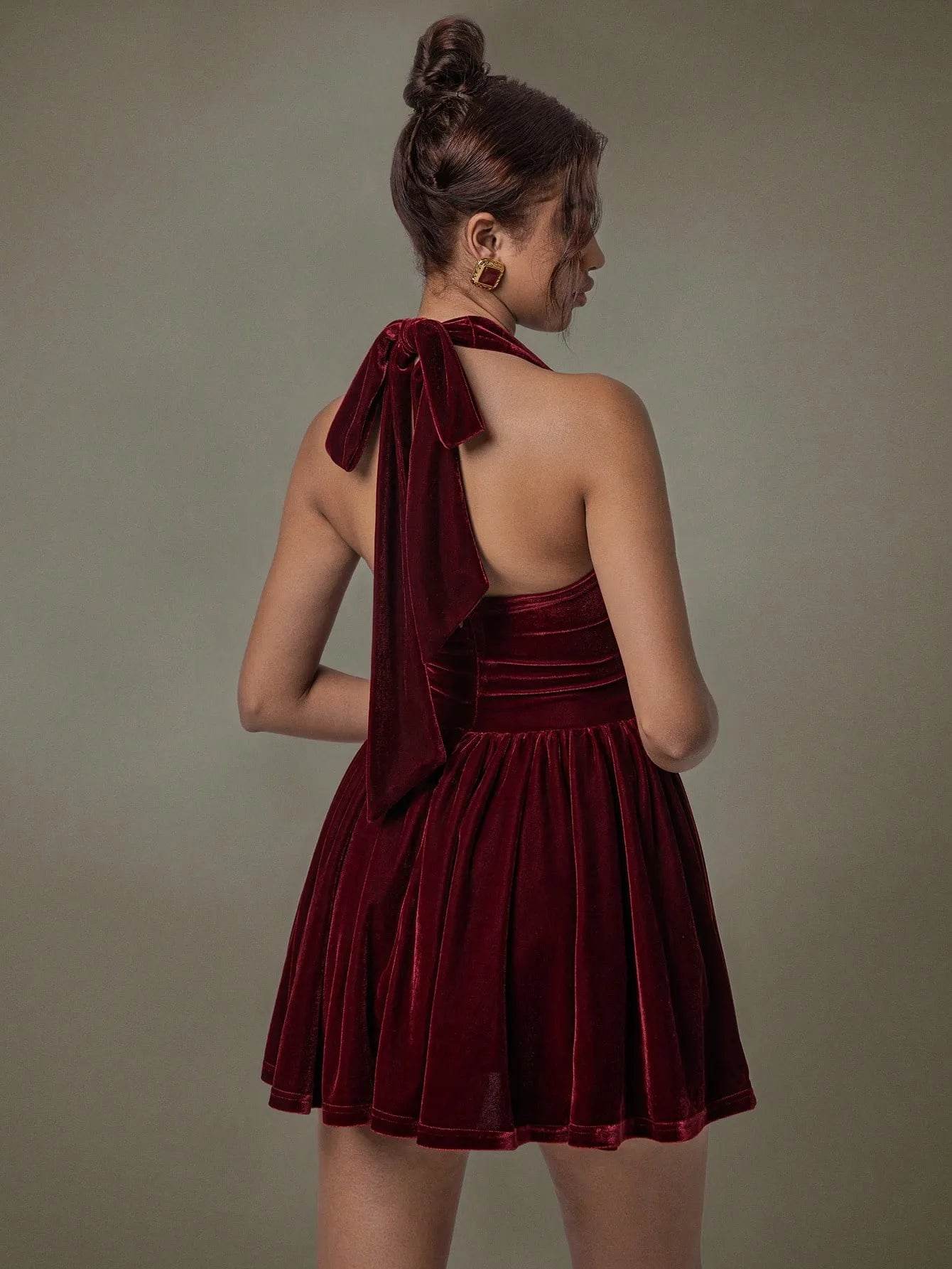 Velvet Halter Skater Dress - ELY VESSA LLC