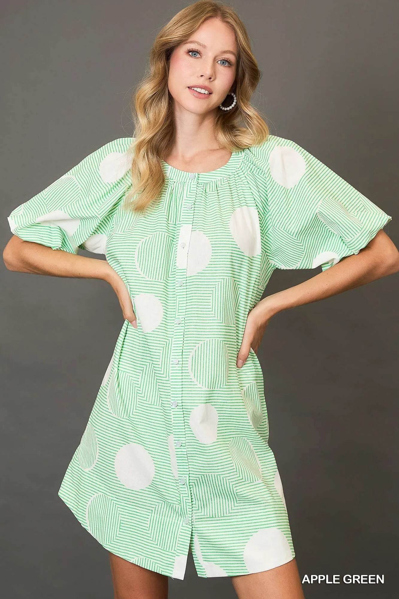 Umgee Stripe and Dot Print Button Down Puff Sleeve Mini Dress - ELY VESSA LLC