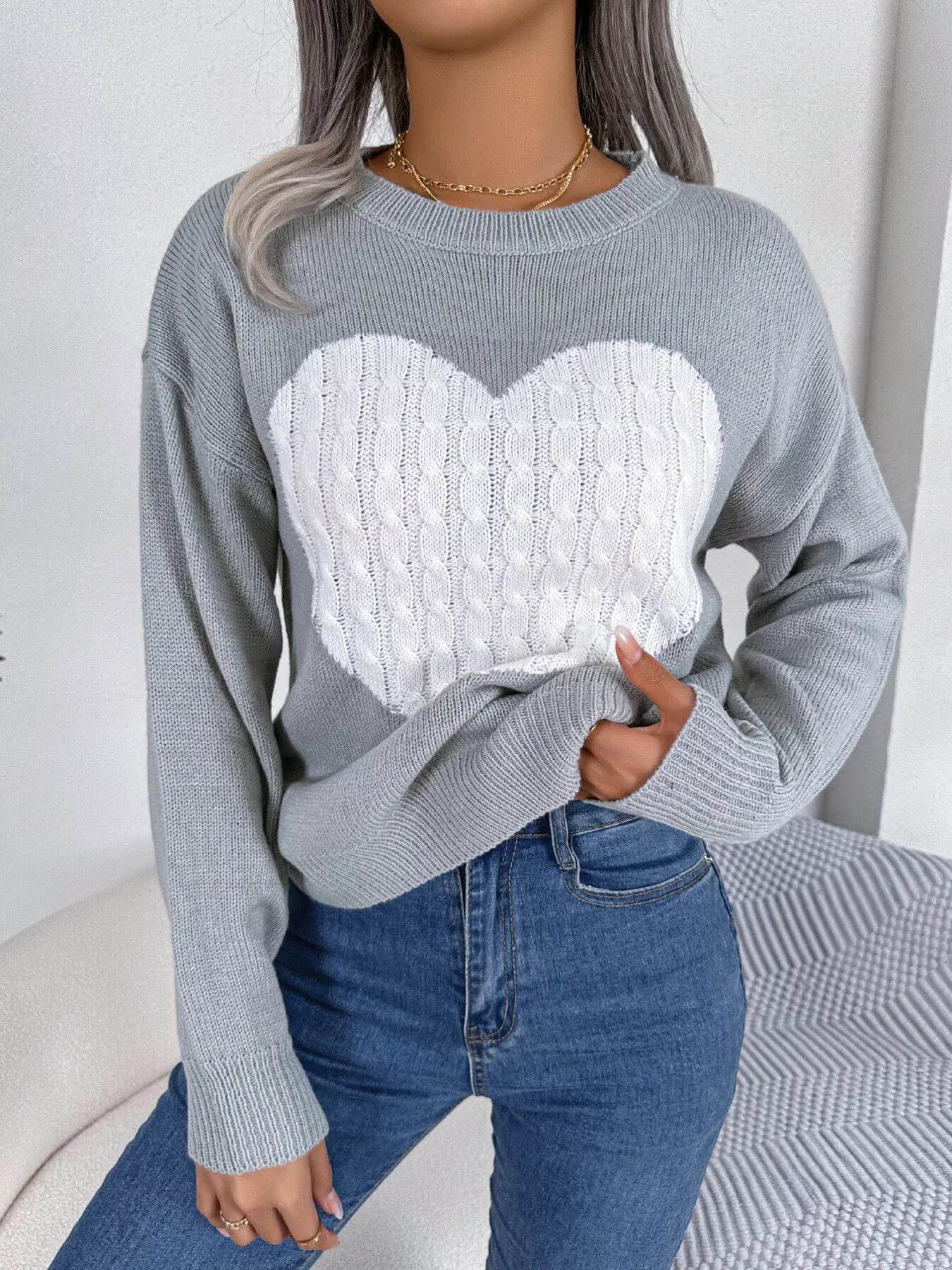Cable Knit Heart Round Neck Sweater - ELY VESSA LLC