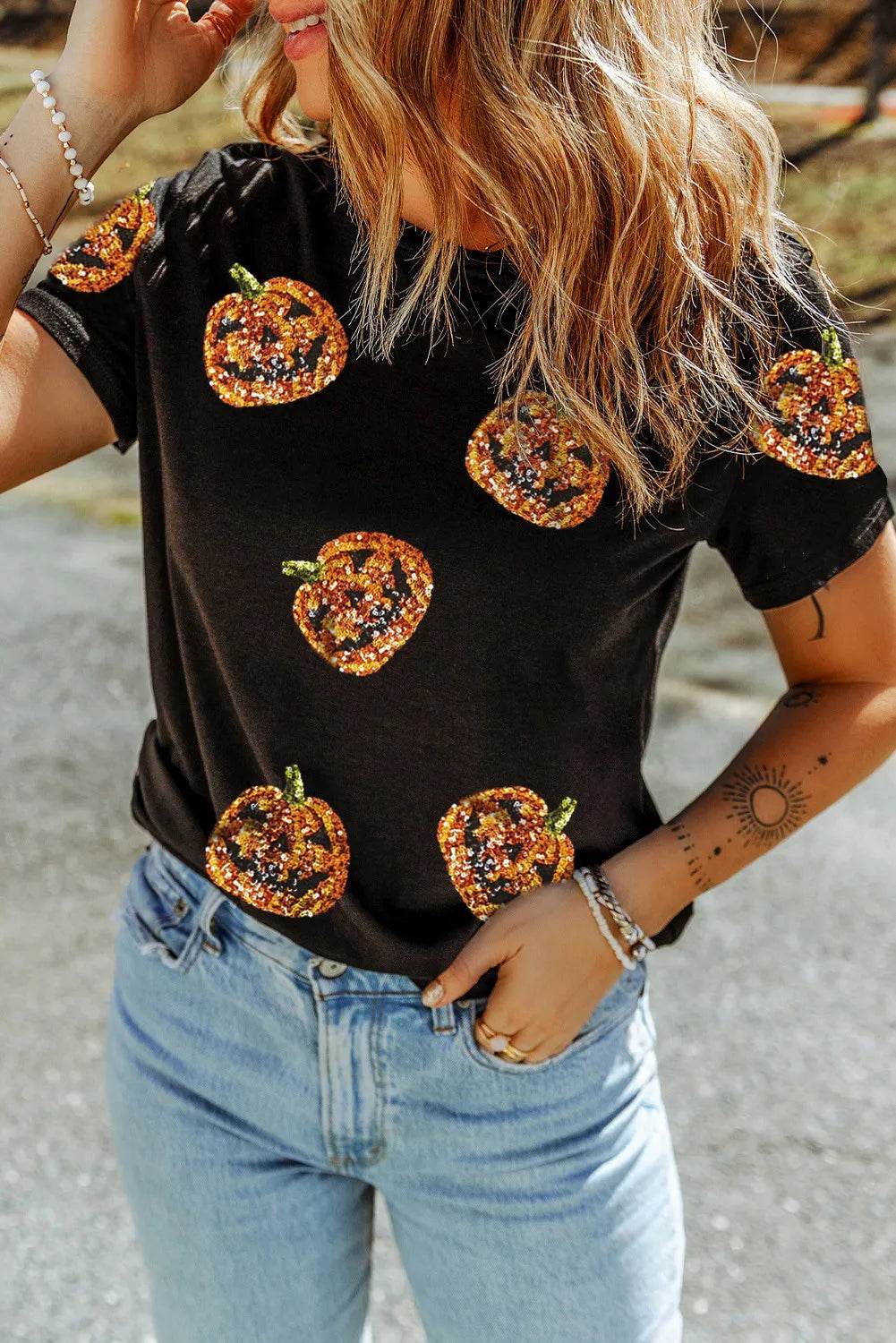Sequin Pumpkin Round Neck Short Sleeve T-Shirt - ELY VESSA LLC