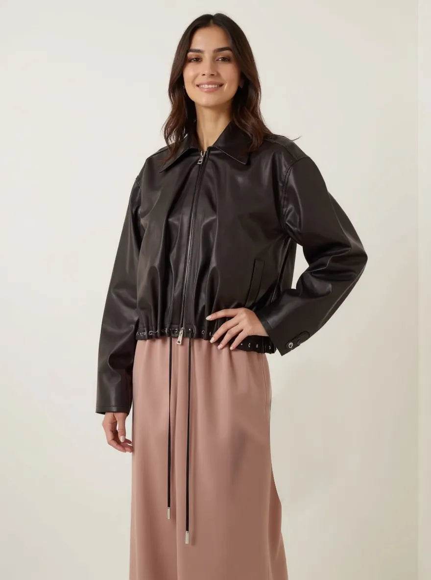 Drawstring Hem Zip Up Jacket - ELY VESSA LLC