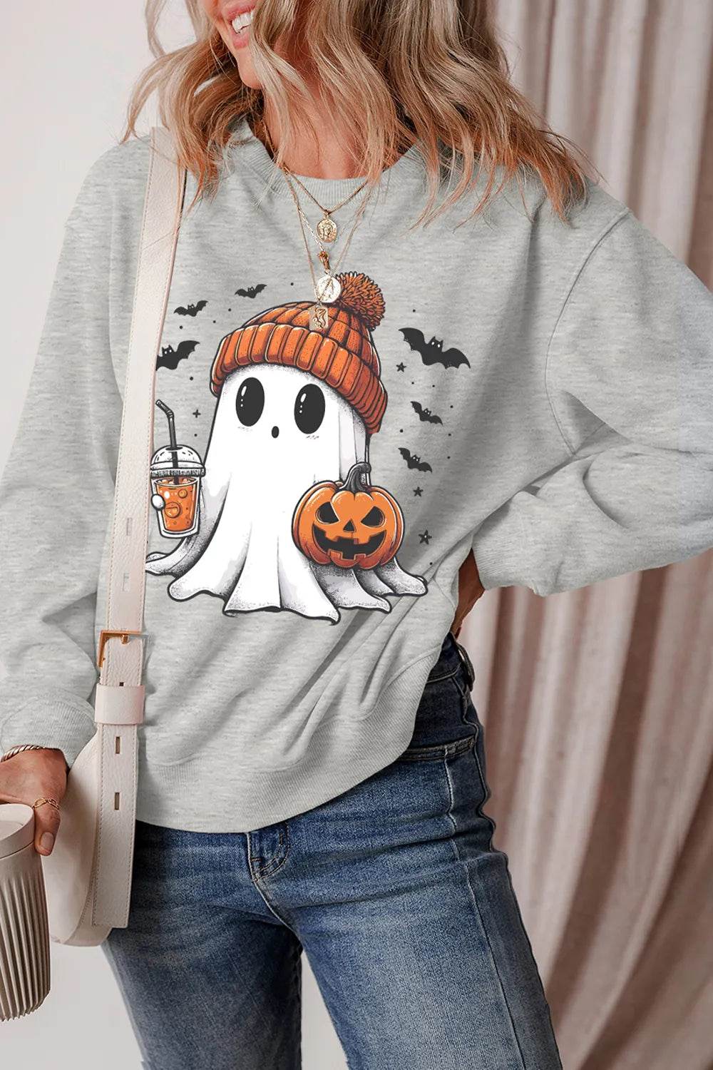 Ghost Round Neck Long Sleeve Sweatshirt - ELY VESSA LLC