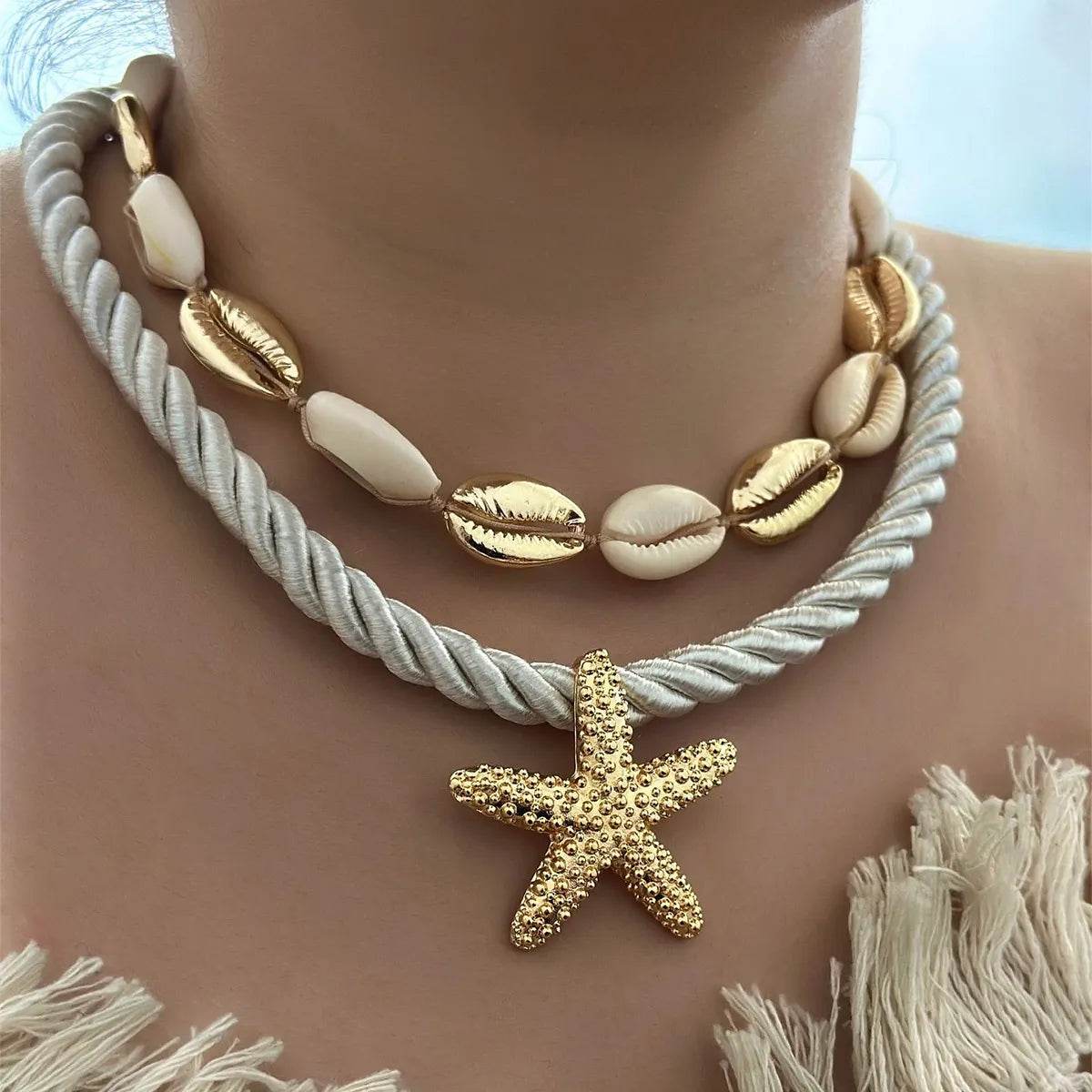 2-Piece Beaded Shell Starfish Rope Necklace - ELY VESSA LLC