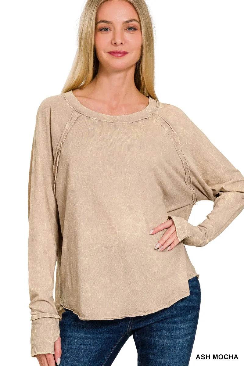 Zenana Crinkle Washed Thumb Hole Cuffs Long Sleeve Top - ELY VESSA LLC