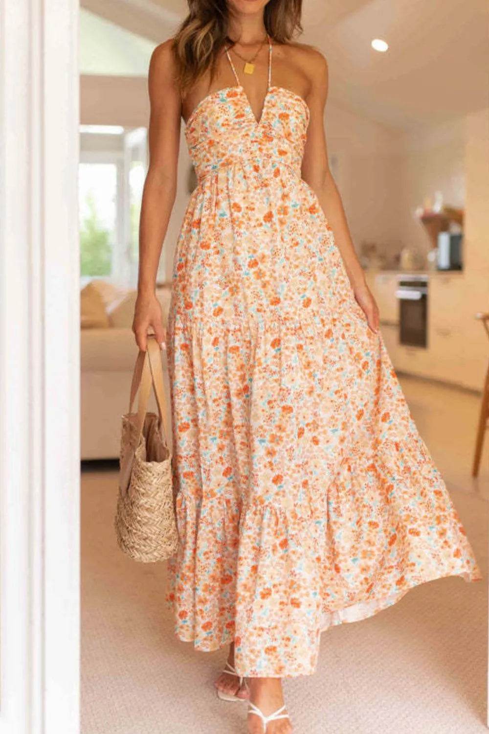 Tiered Halter Neck Printed Cami Dress - ELY VESSA LLC