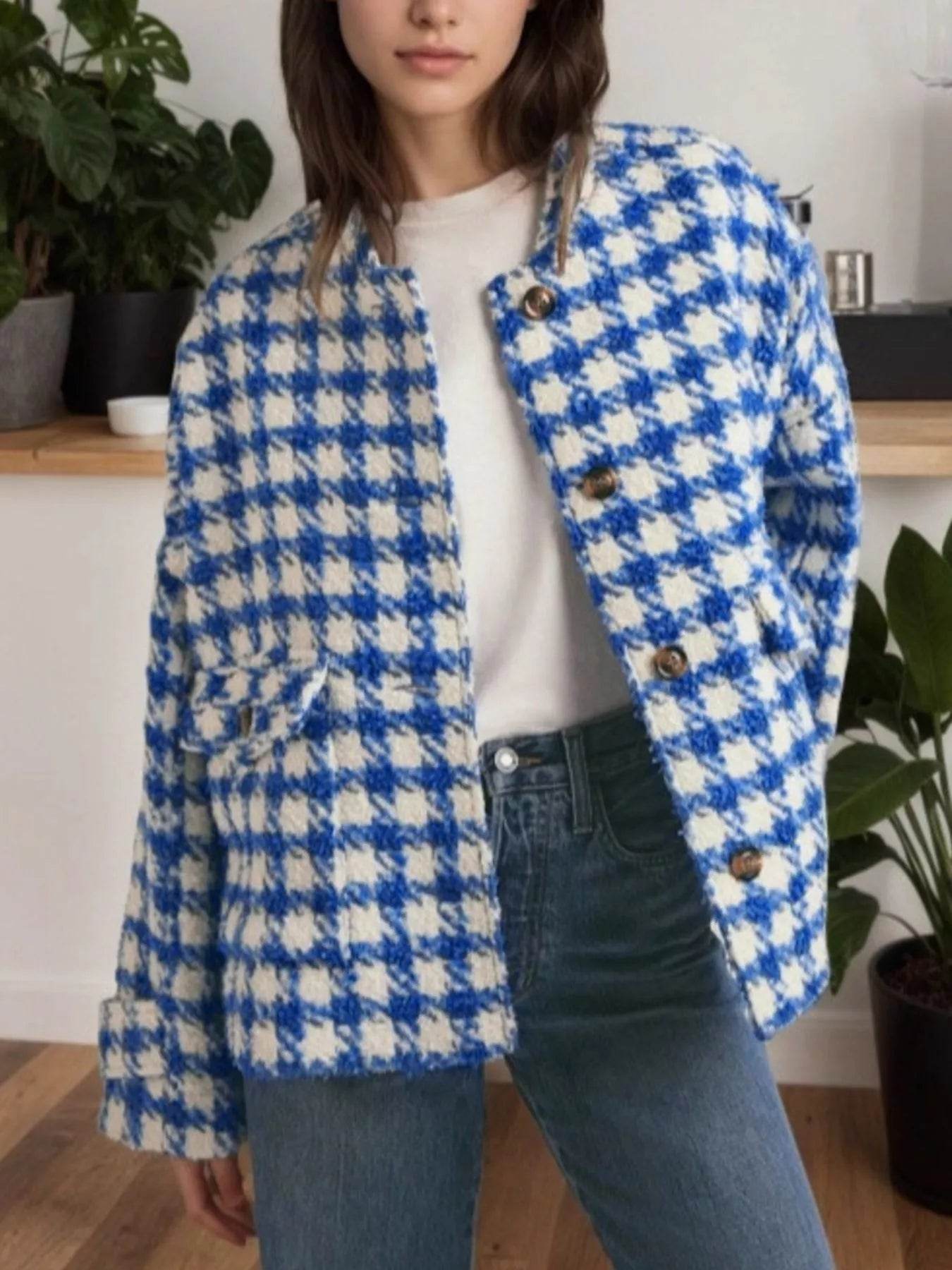 Houndstooth Button Up Long Sleeve Jacket - ELY VESSA LLC