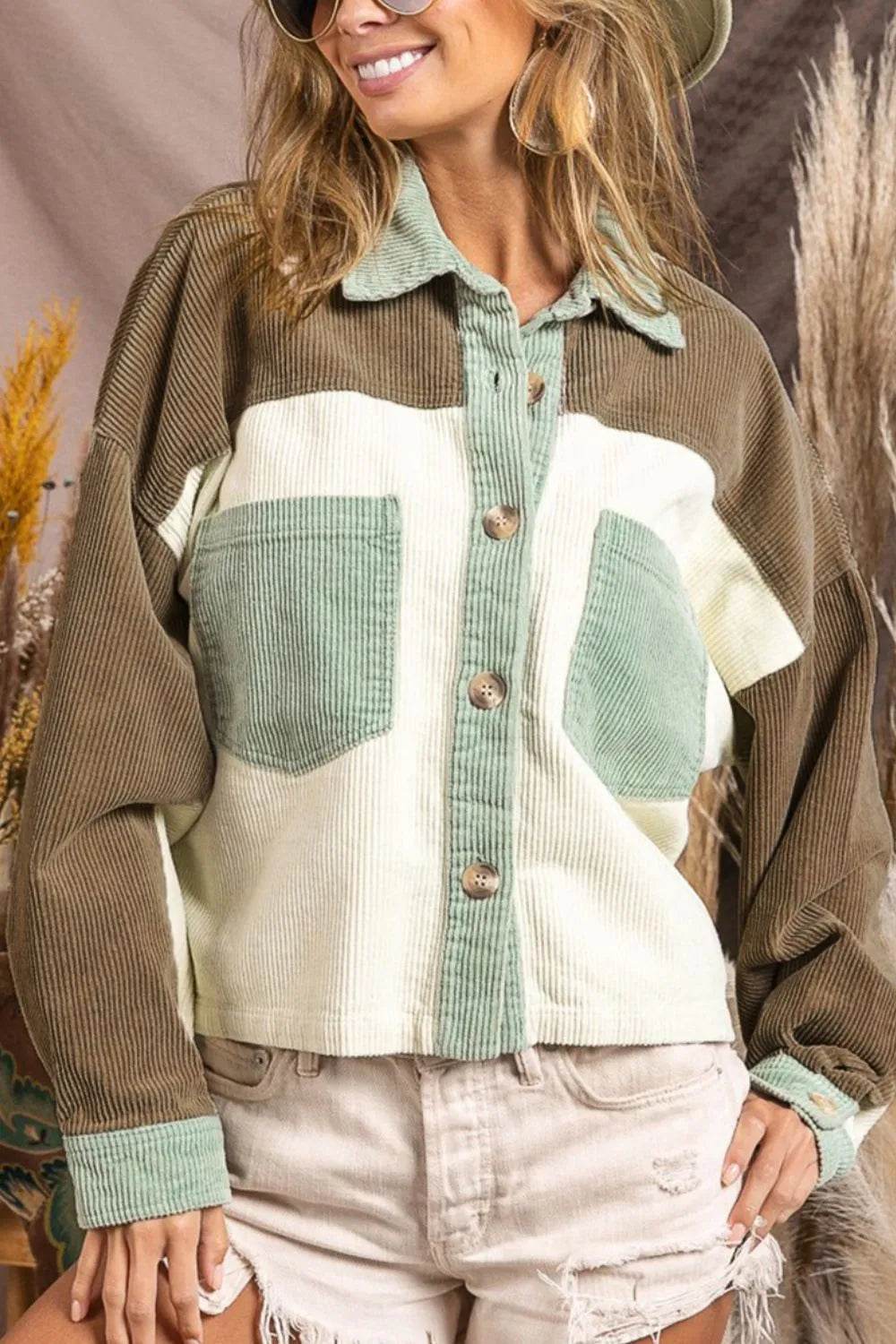 Pocketed Color Block Collared Neck Jacket - ELY VESSA LLC