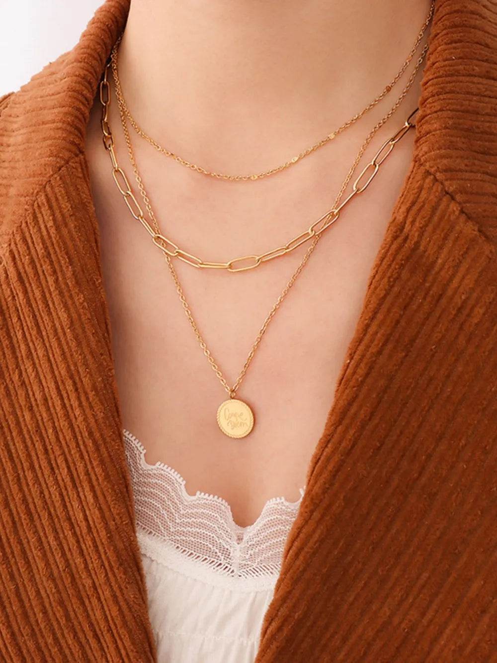 18K Gold-Plated Three-Layered Engraved Necklace - ELY VESSA LLC
