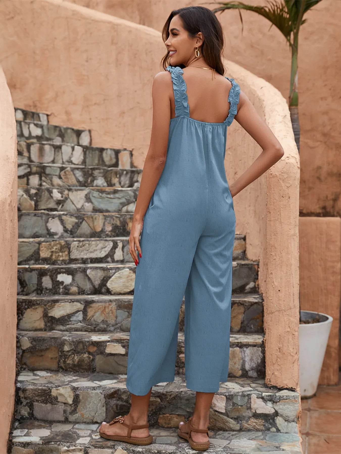 Wide Leg Ruffle Strap Jumpsuit - ELY VESSA LLC