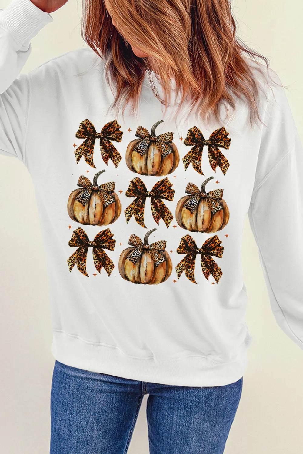 Pumpkin & Bow Graphic Long Sleeve Sweatshirt - ELY VESSA LLC