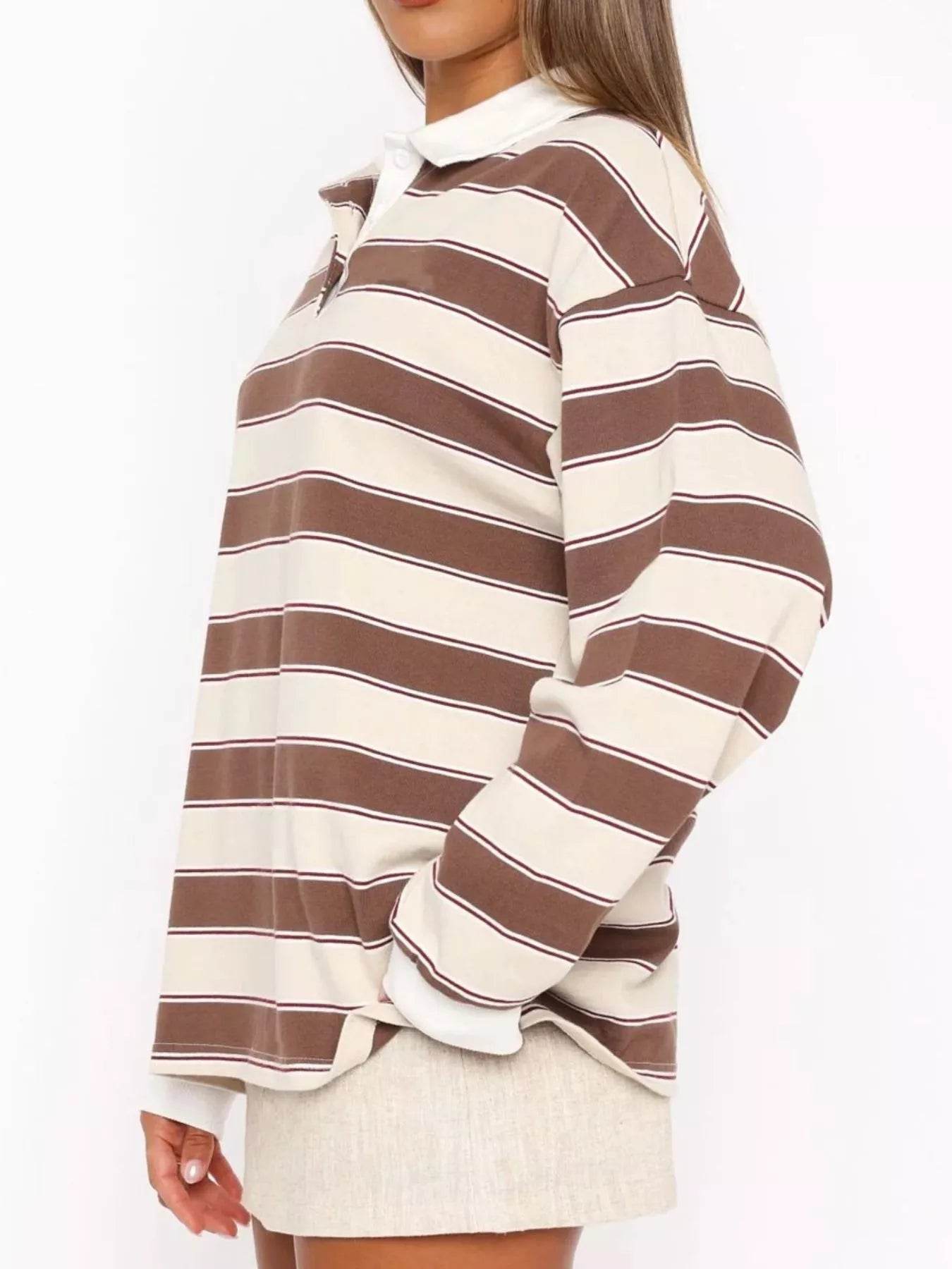 Striped Button Detail Long Sleeve Polo - ELY VESSA LLC
