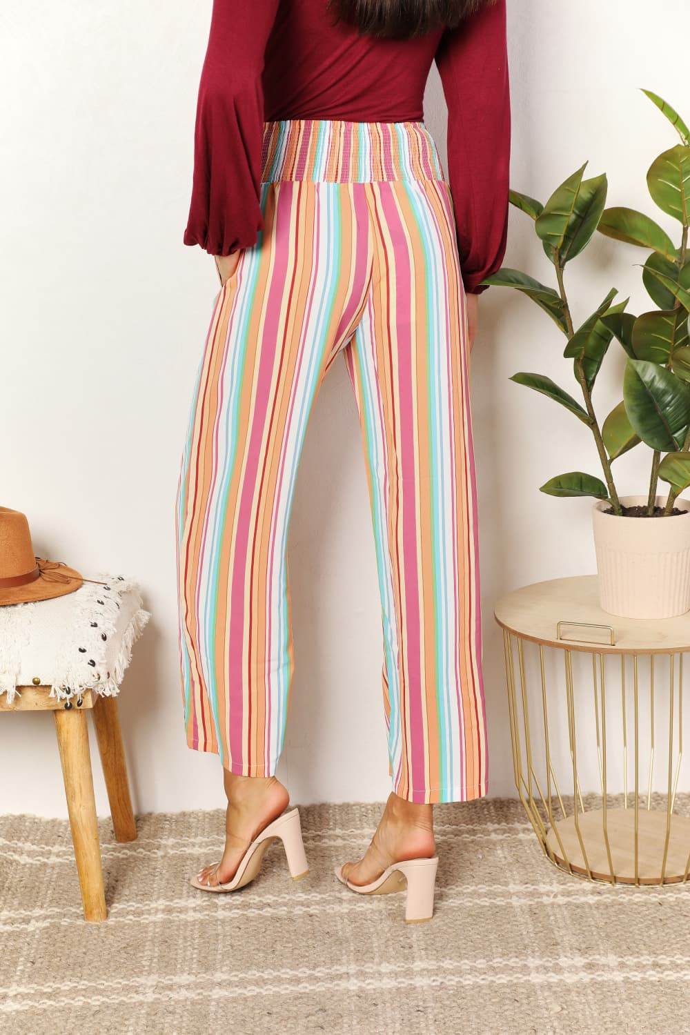 Double Take Striped Smocked Waist Pants with Pockets - ELY VESSA LLC