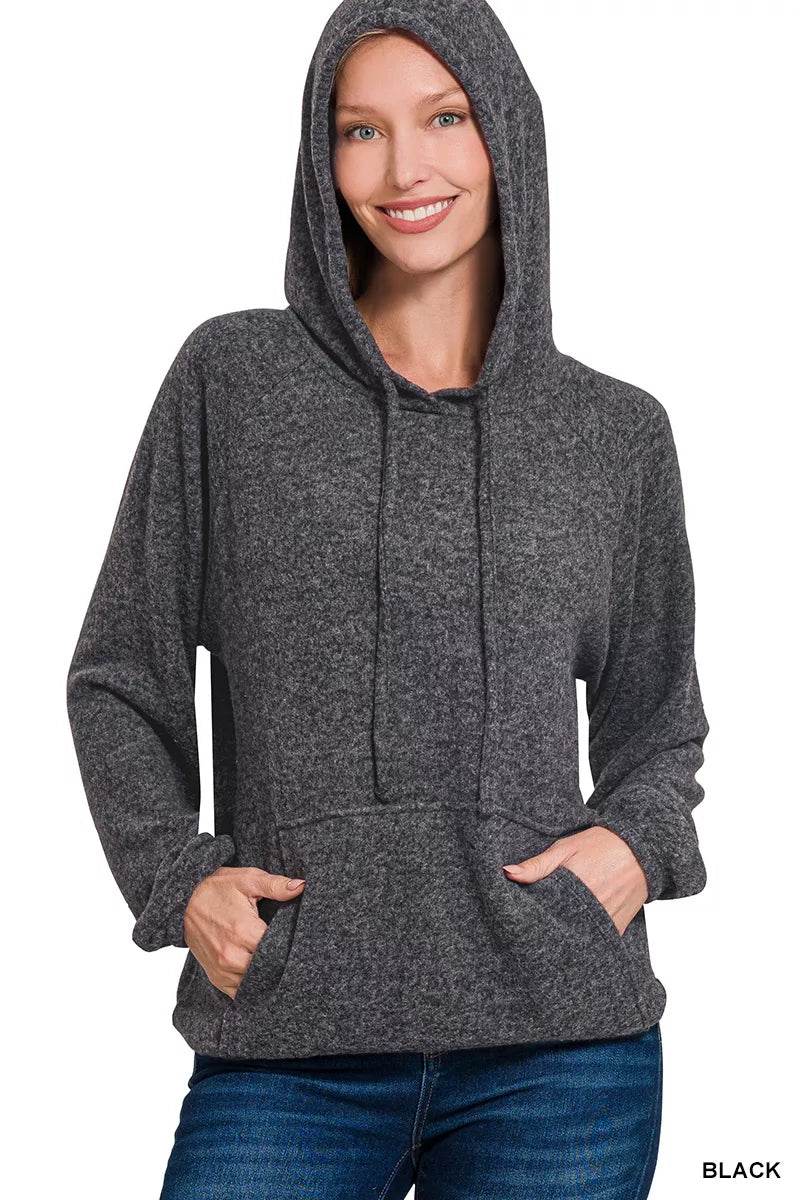 Zenana Brushed Hacci Melange Hooded Sweater - ELY VESSA LLC