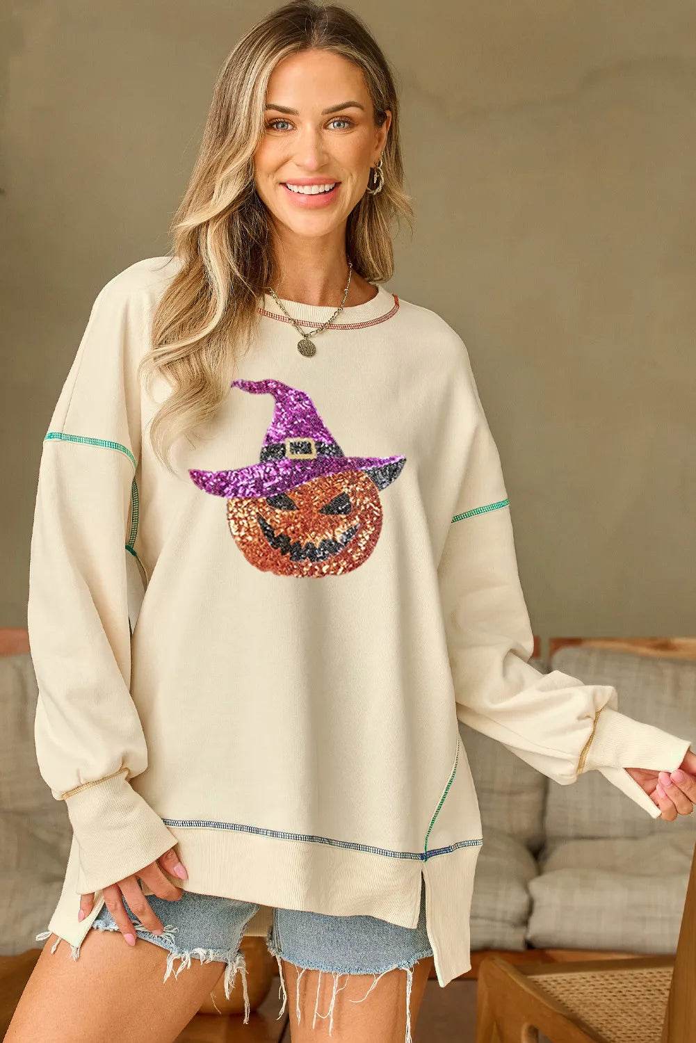 Contrast Stitching Sequin Pumpkin Round Neck Long Sleeve Sweatshirt - ELY VESSA LLC