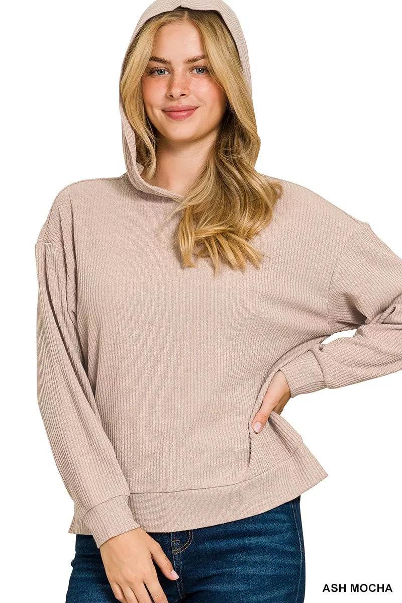 Zenana Ribbed Long Sleeve Hoodie - ELY VESSA LLC