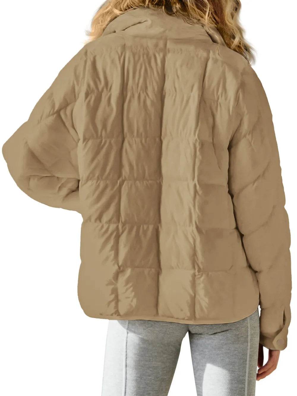 Pocketed Plaid Quilted Zip Up Winter Coat - ELY VESSA LLC