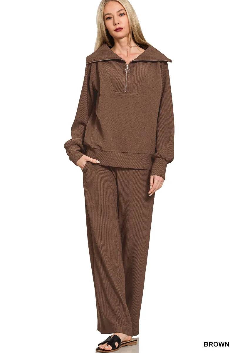 Zenana Ribbed High Neck Half Zip Pullover & Pants Set - ELY VESSA LLC