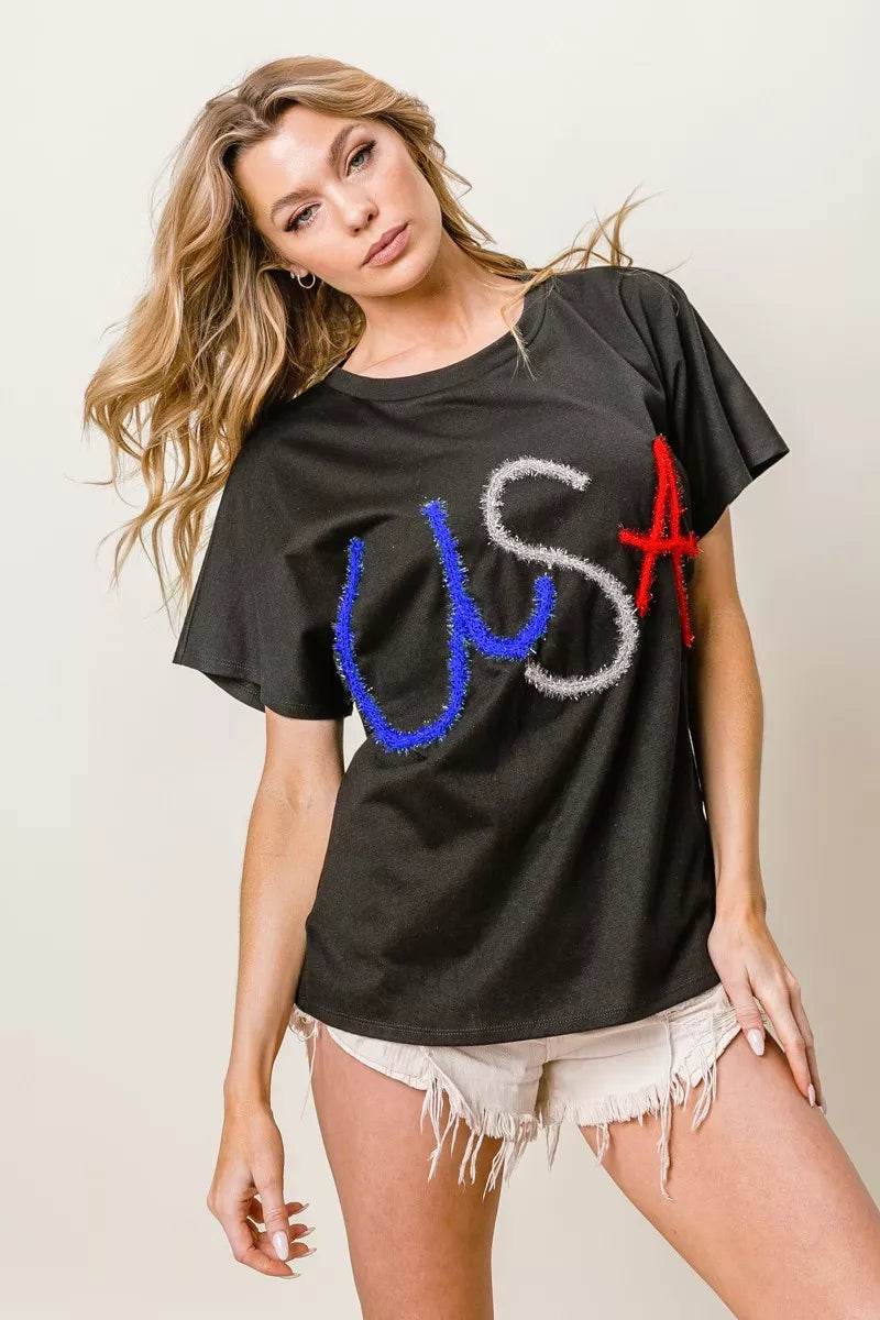 BiBi Metallic Letter Short Dolman Sleeve Top - ELY VESSA LLC