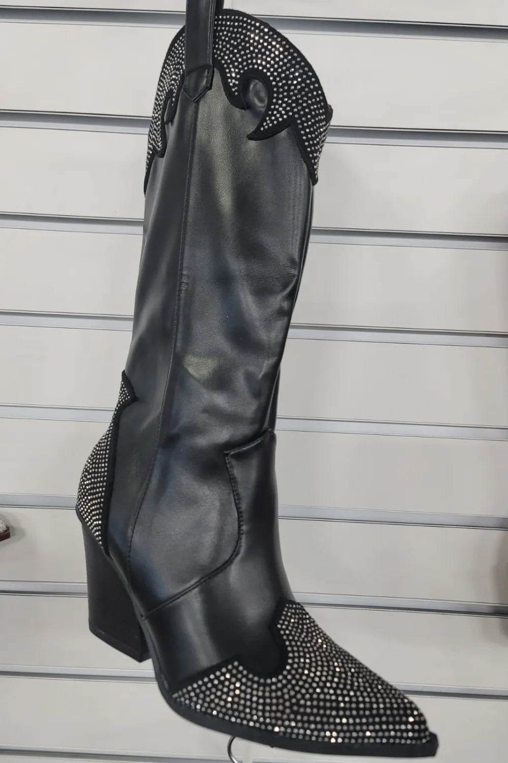 Weeboo Chunky Heel Rhinestone Decor Western Boots - ELY VESSA LLC