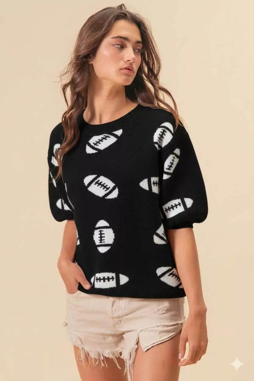 BiBi Football Pattern Short Sleeve Sweater - ELY VESSA LLC