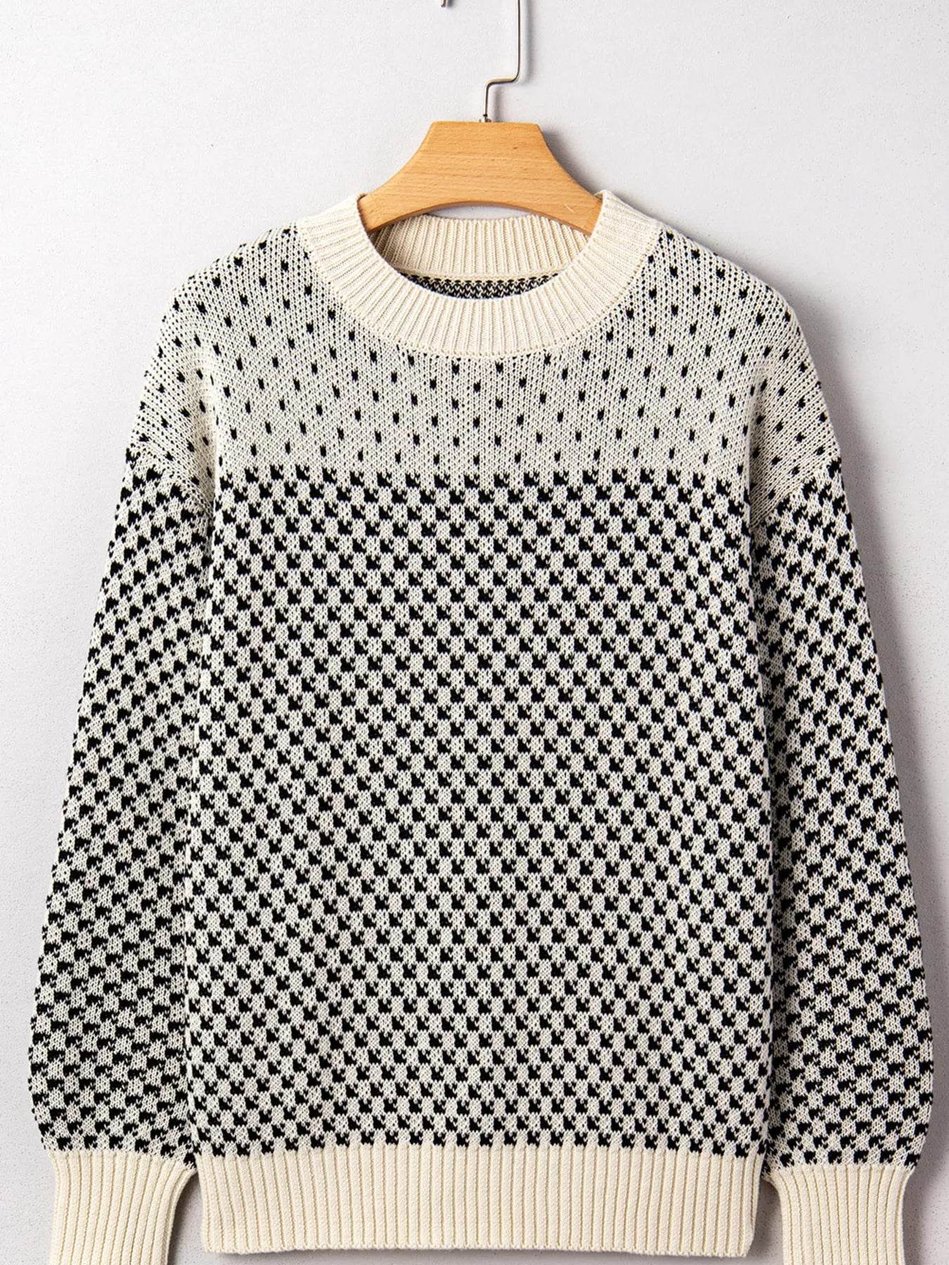 Contrast Color Pattern Lantern Sleeve Sweater - ELY VESSA LLC