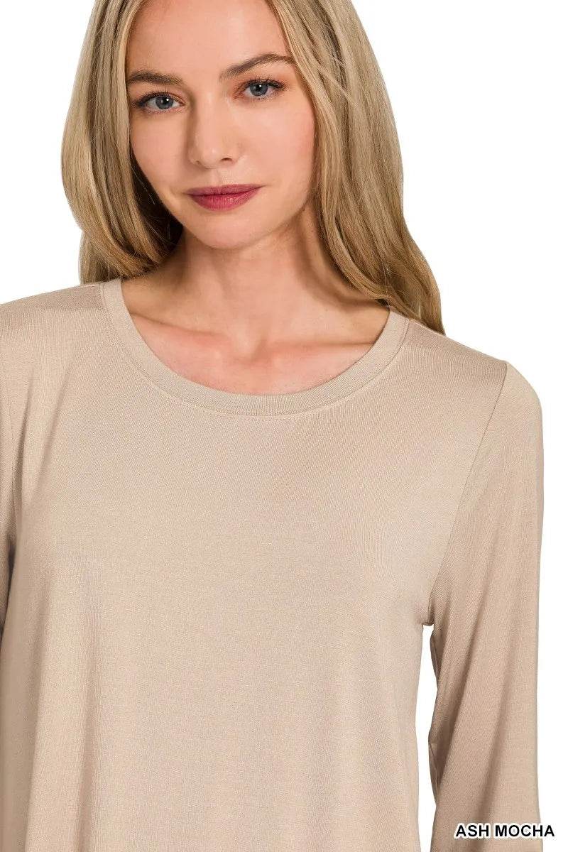 Zenana Flowy Round Hem Rayon Long Sleeve Top - ELY VESSA LLC