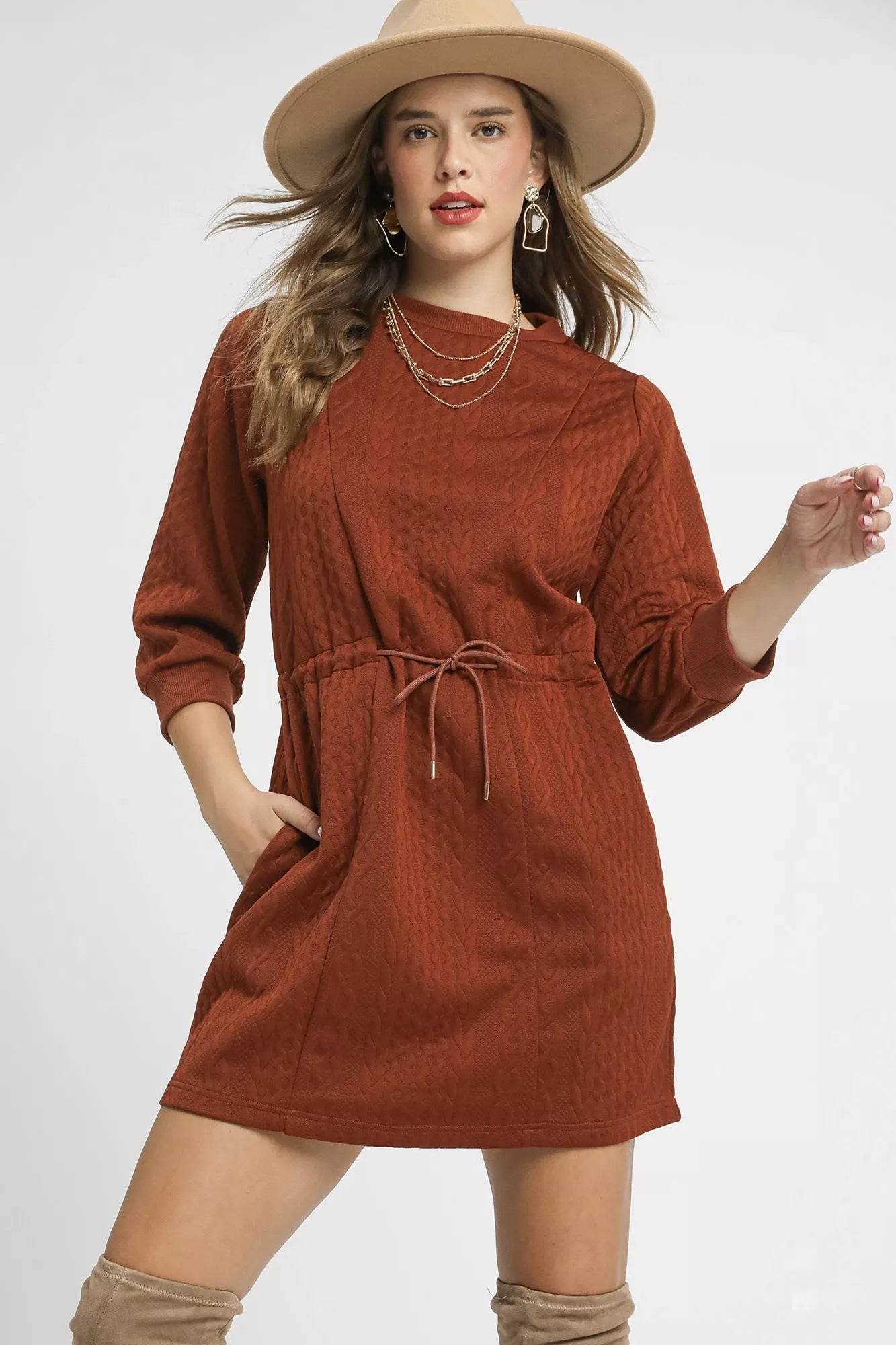 Umgee Drawstring Cable Knit Mini Dress with Pockets - ELY VESSA LLC