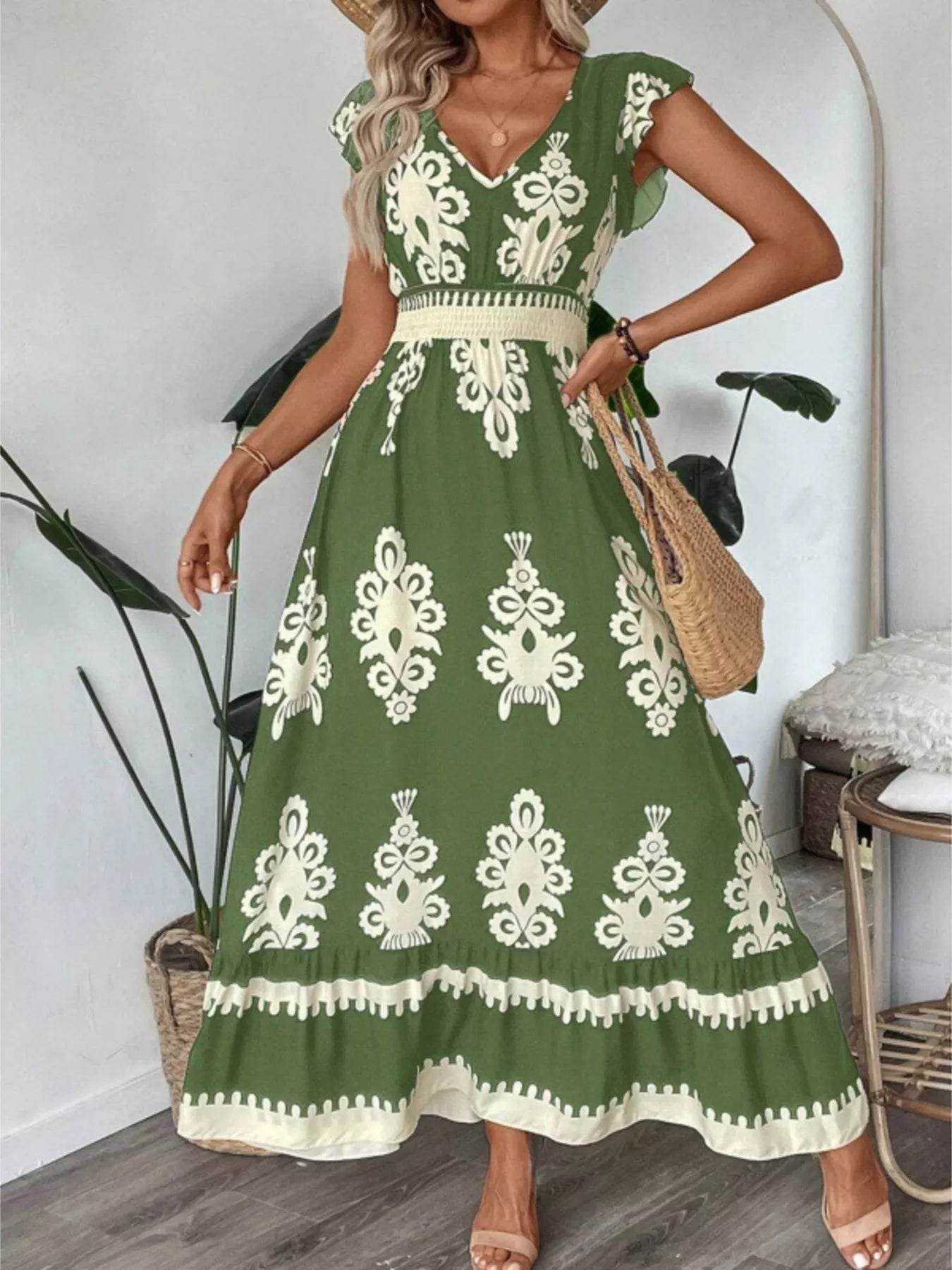 Printed V-Neck Ruffled Cap Sleeve Dress - ELY VESSA LLC