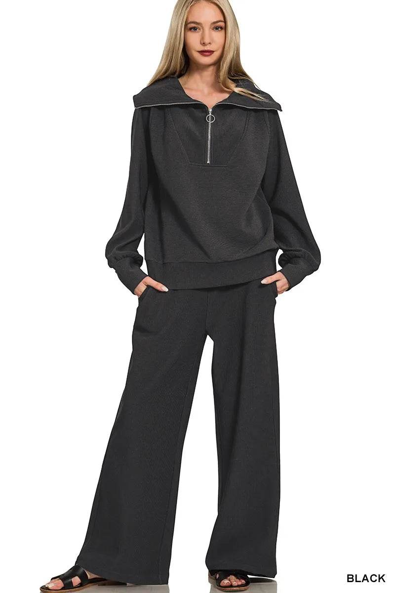Zenana Ribbed High Neck Half Zip Pullover & Pants Set - ELY VESSA LLC