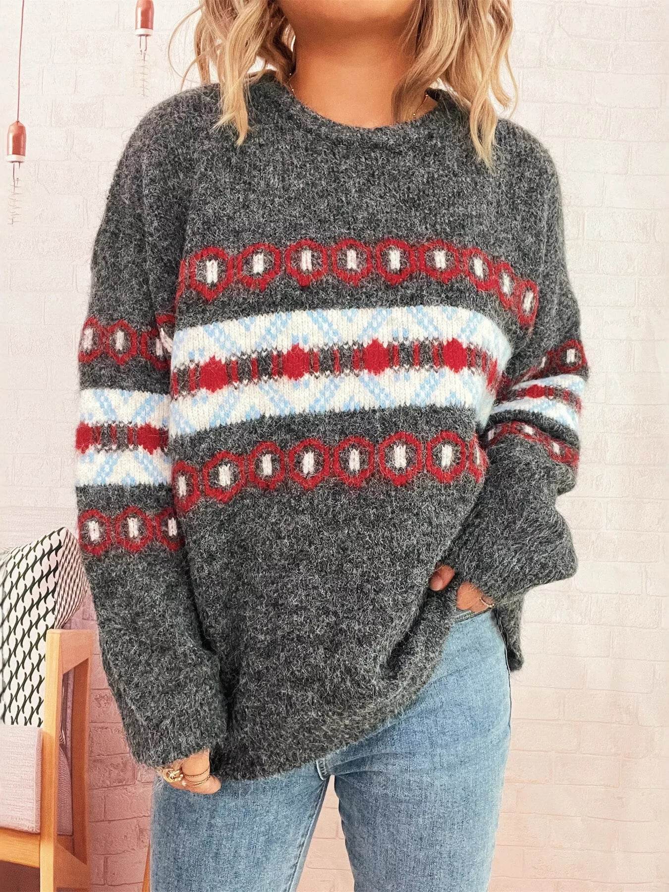 Contrast Round Neck Drop Shoulder Sweater - ELY VESSA LLC