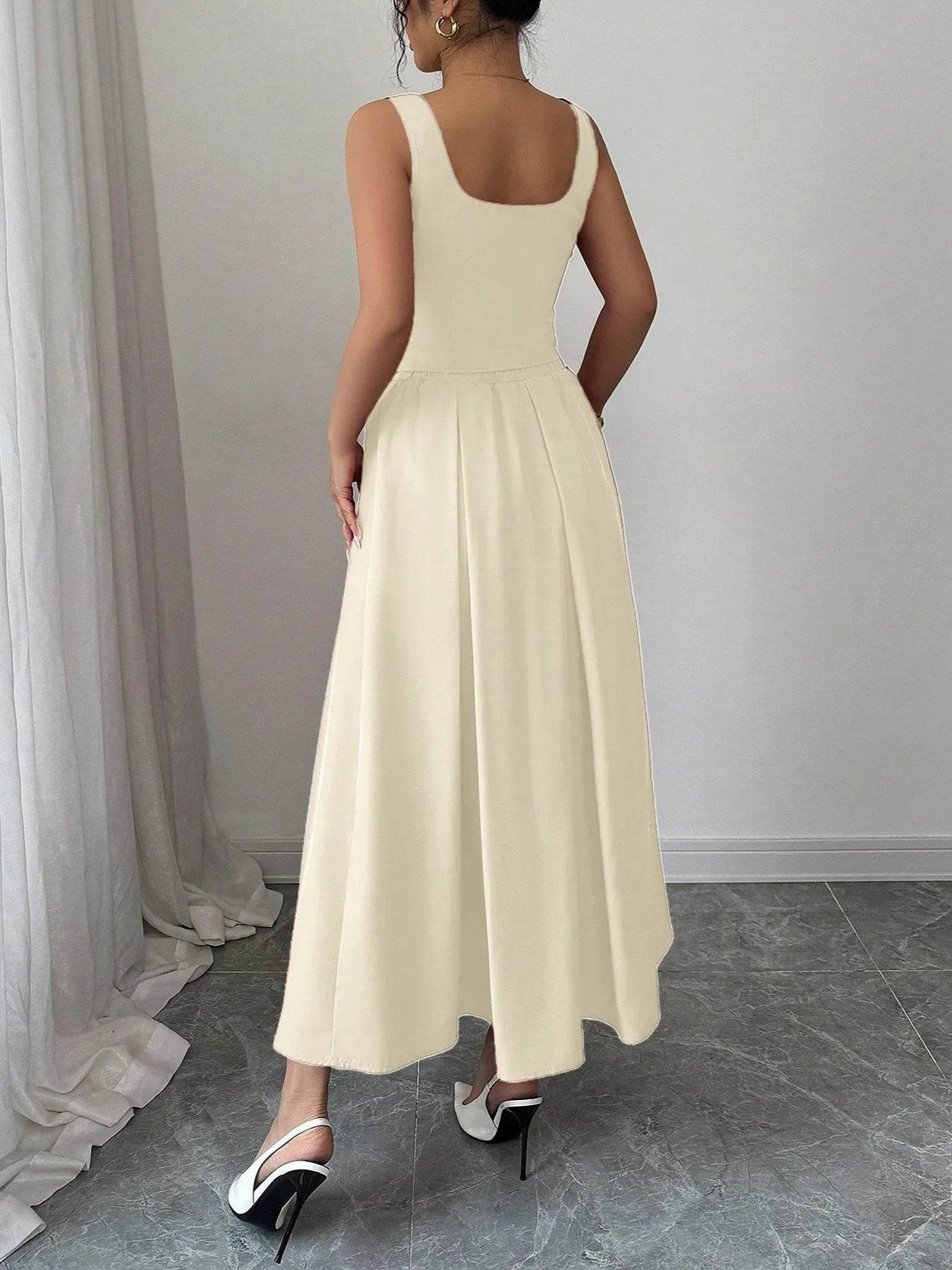 Square Neck Wide Strap Midi Dress - ELY VESSA LLC