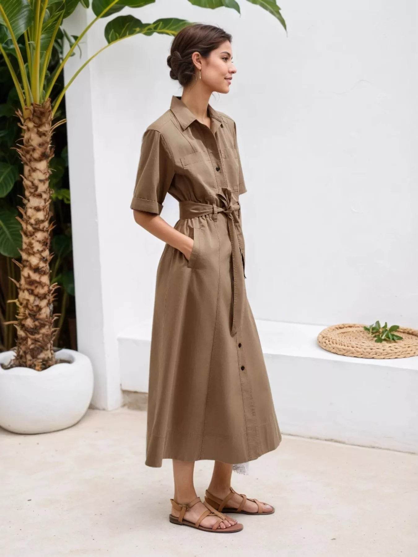 Button Front Short Sleeve Shirt Dress - ELY VESSA LLC