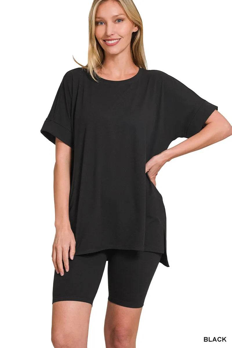 Zenana Brushed Dty Microfiber Round Neck Top and Biker Shorts Set - ELY VESSA LLC