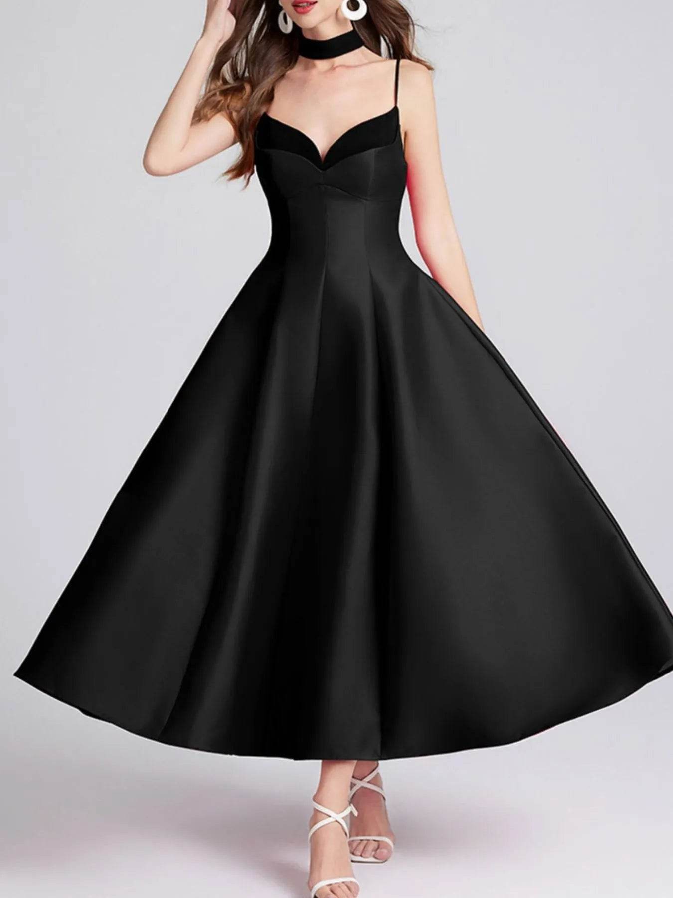 Sweetheart Spaghetti Strap Midi Dress with Collar - ELY VESSA LLC