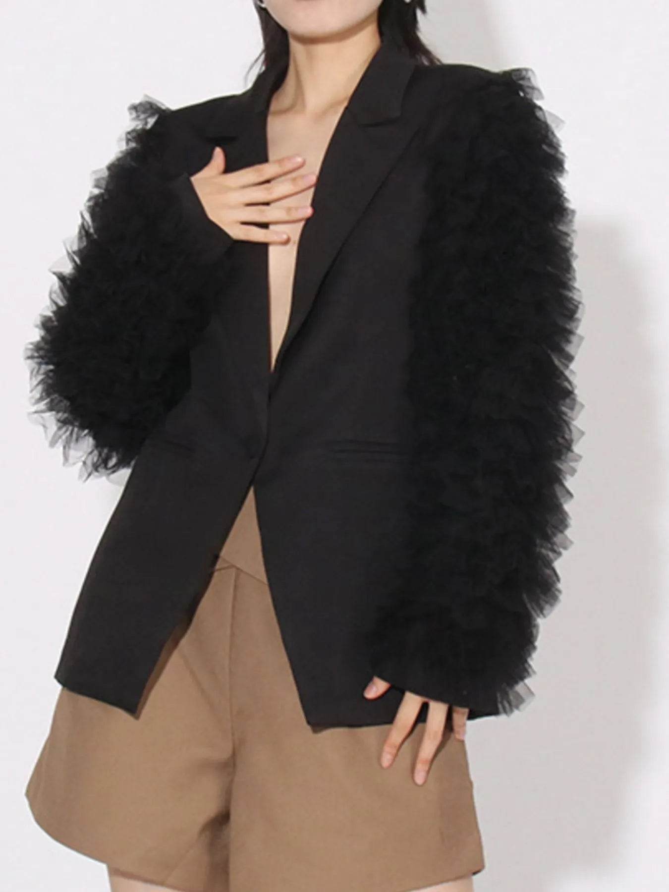 One Button Mesh Long Sleeve Blazer - ELY VESSA LLC