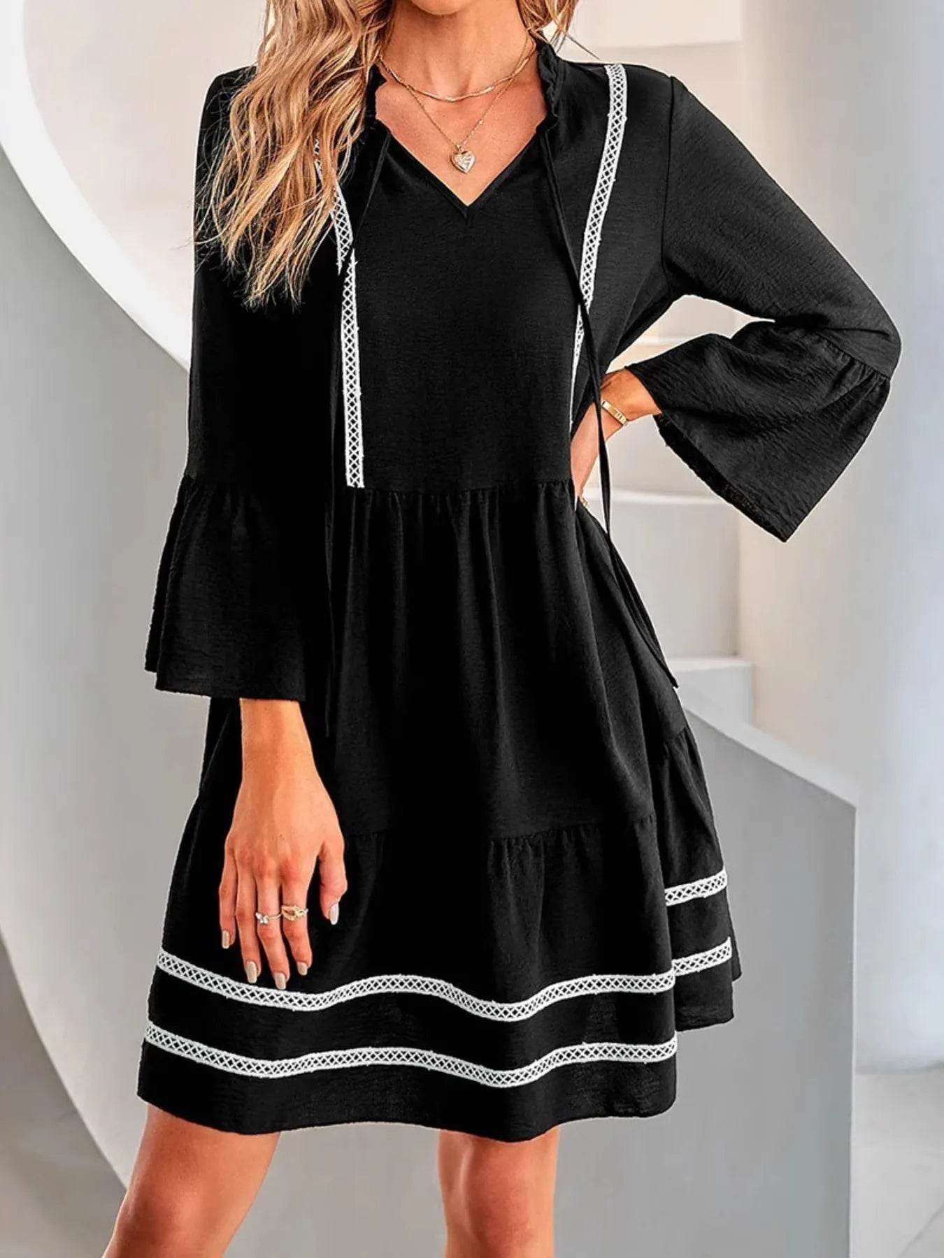 Tie-Neck Long Sleeve Mini Dress with Trim Detail - ELY VESSA LLC