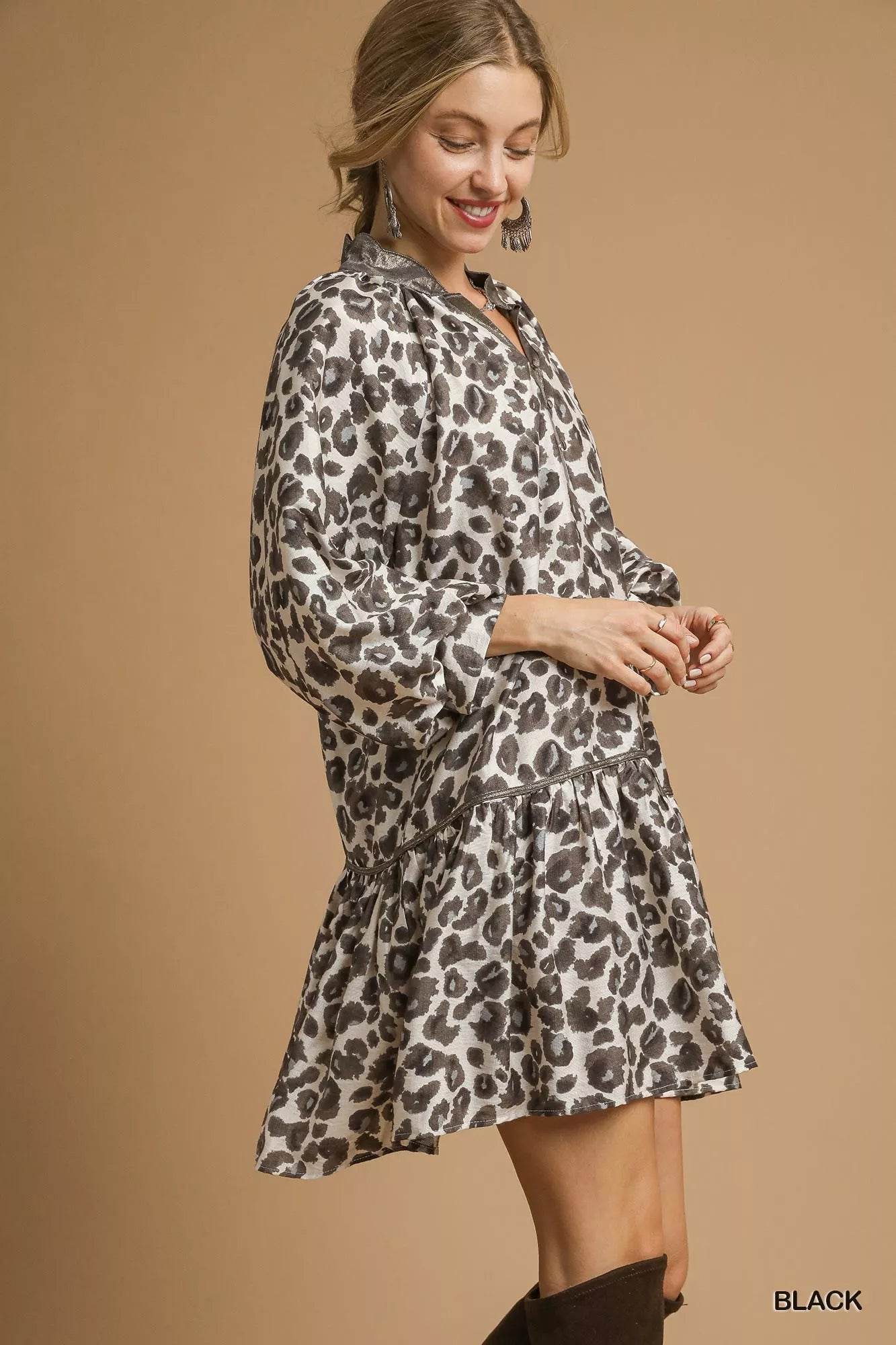 Umgee Leopard Print Tiered Mini Dress - ELY VESSA LLC